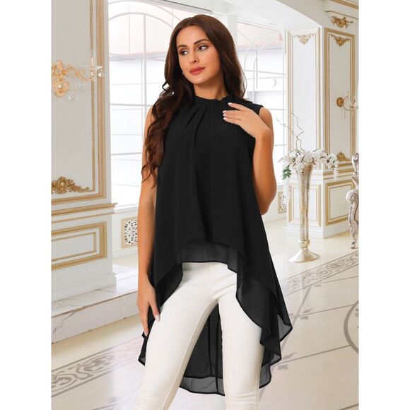 Casual Tie Back Asymmetrical Sleeveless Mock Neck Flowy Blouse Tops Black - Picture 4 of 6